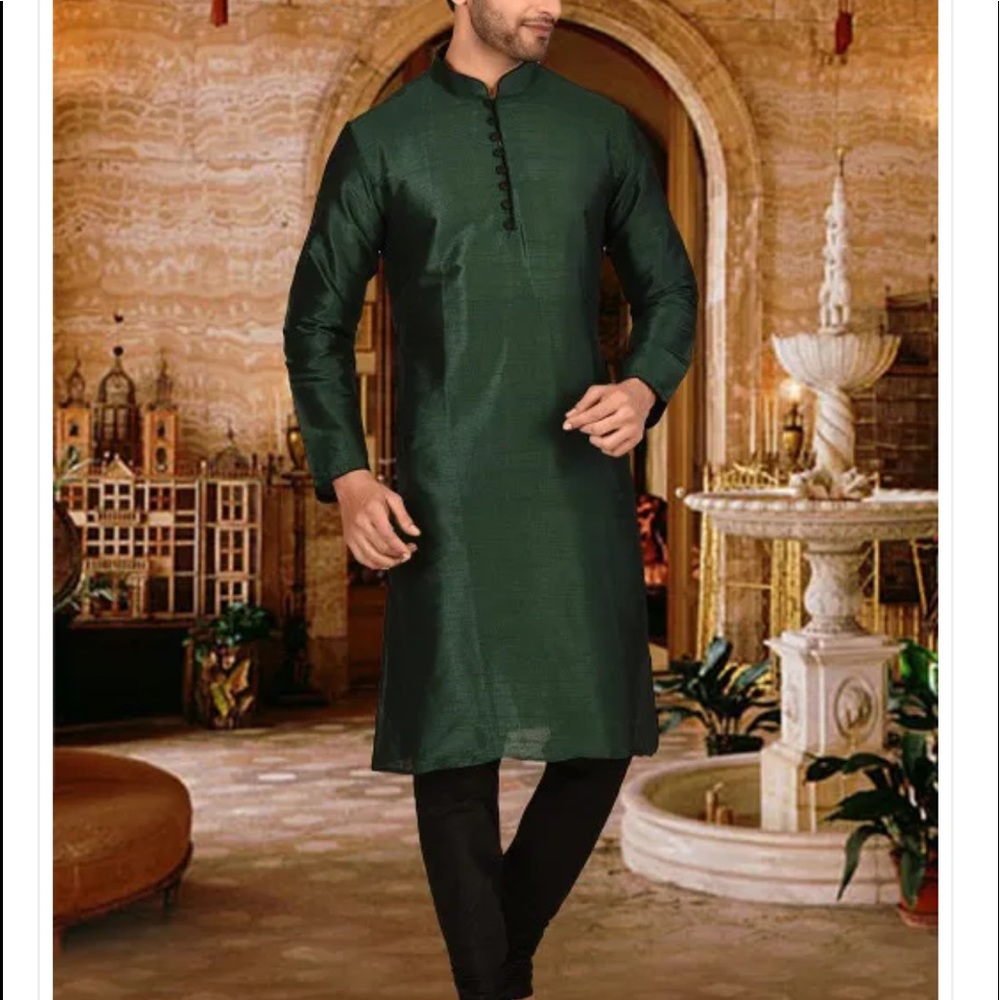 Plain Dupion Silk Kurta Set in Dark Green